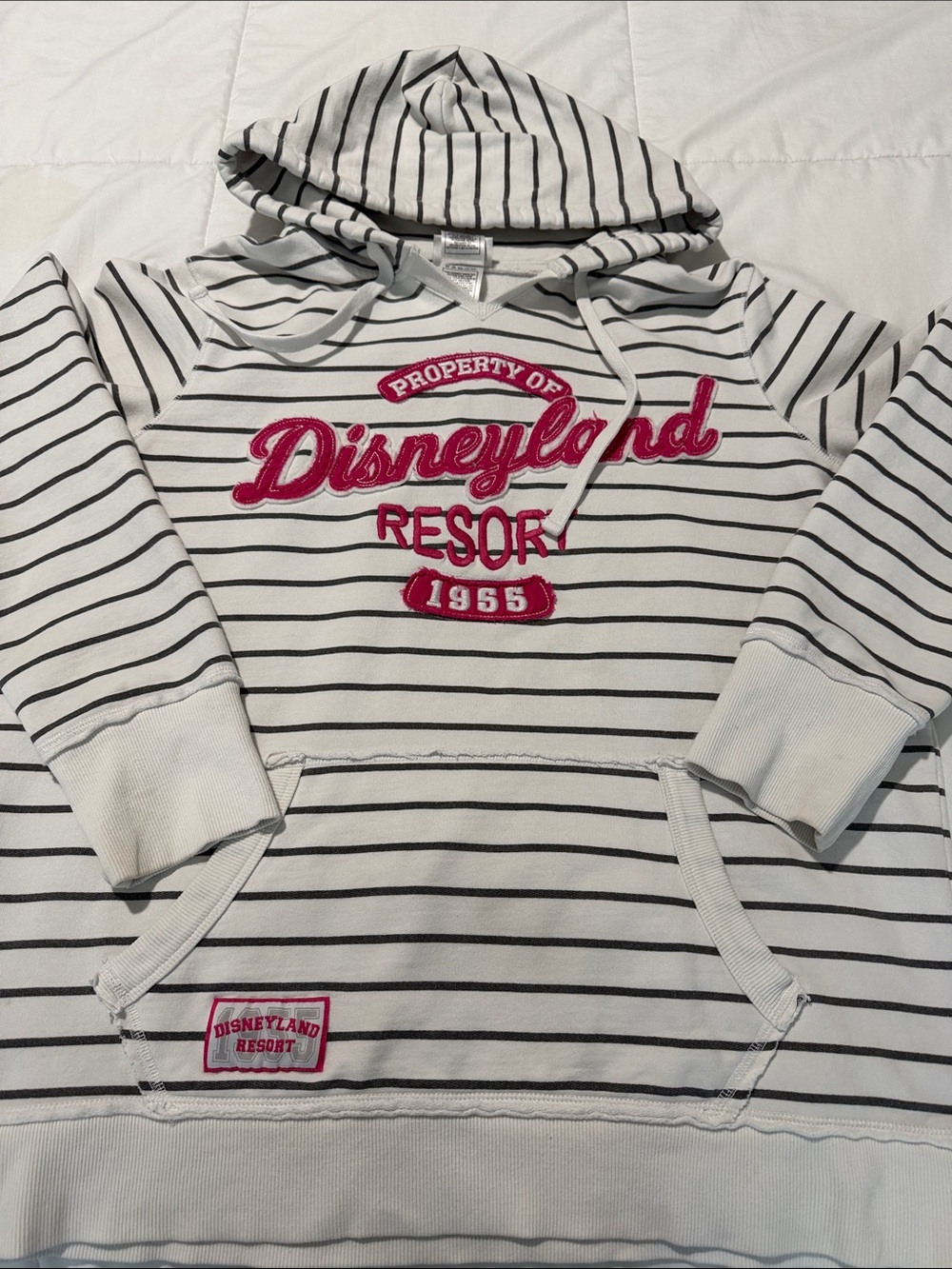 Disney White & Black Striped Hoodie with Pink Disneyland Logo